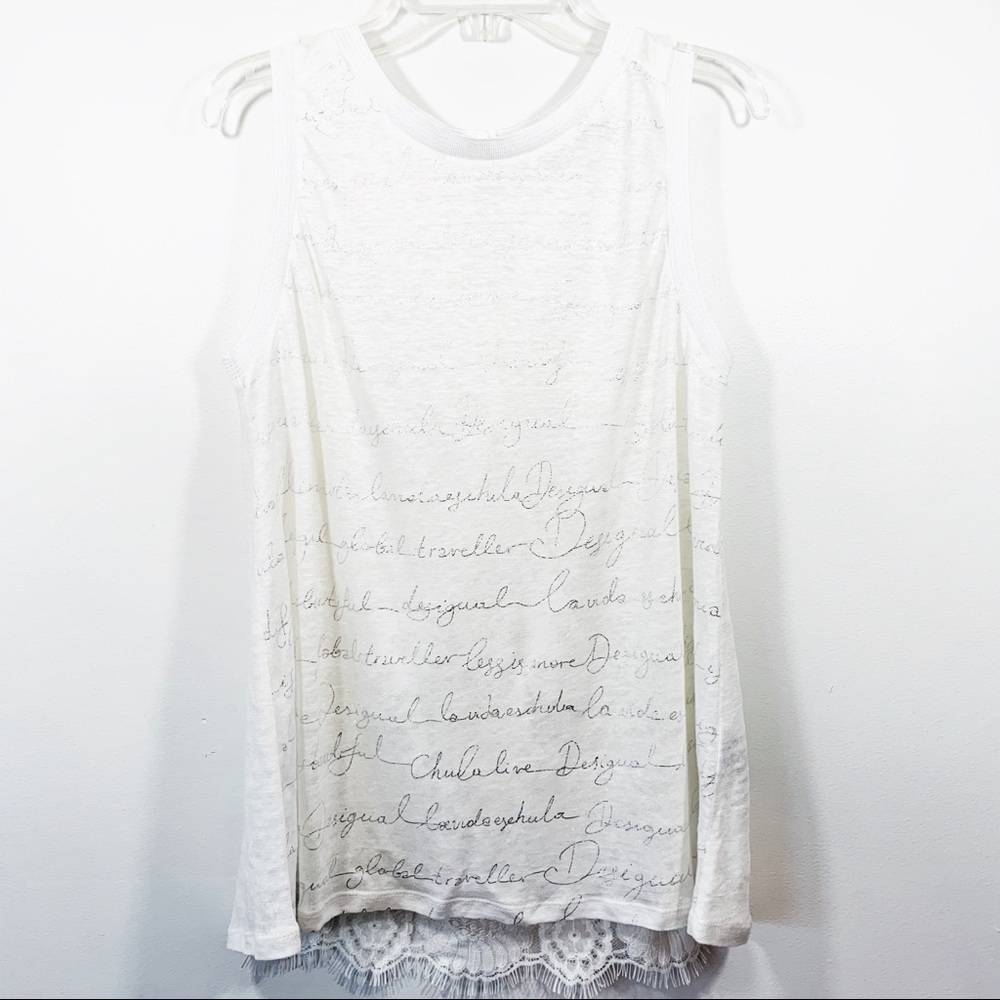 Desigual white script signature lace tank